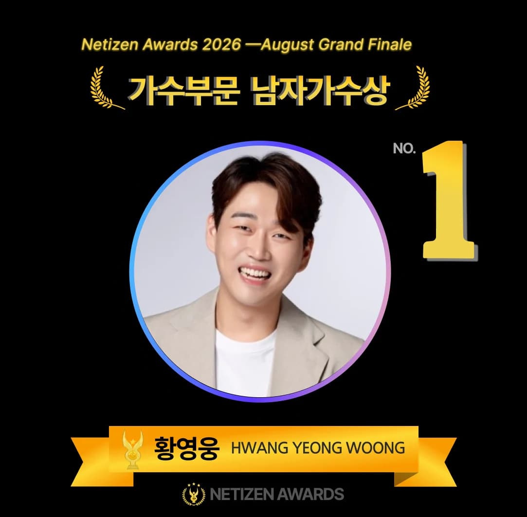 Hwang Young-woong Defends Top Spot in August Netizen Awards Male Singer Category with 42.7% of Votes; Jang Min-ho Jumps to 2nd Place